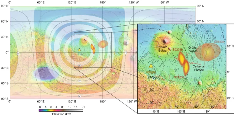 Fig. 6 | Global seismicity map of Mars shown on a Mars Orbiter Laser Altimeter (MOLA) elevation map