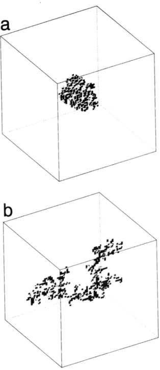 Figure  1.  Examples of fractal aggregates  composed  of  cubic particles of  size a;  they  are located inside cubic  boxes  of size 64a