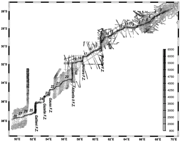 Figure  2.  Southwest  Indian Ridge bathymetry between 49øE and the Rodriguez Triple Junction (see text for  references)  with location of ridge segments  3 to 28
