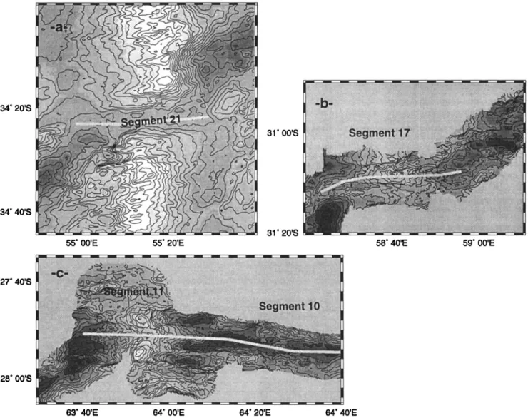Figure 5.  Bathymetry  of ridge segments  21, 17, and 10 and 11. Same  scale,  contour  interval  200 m