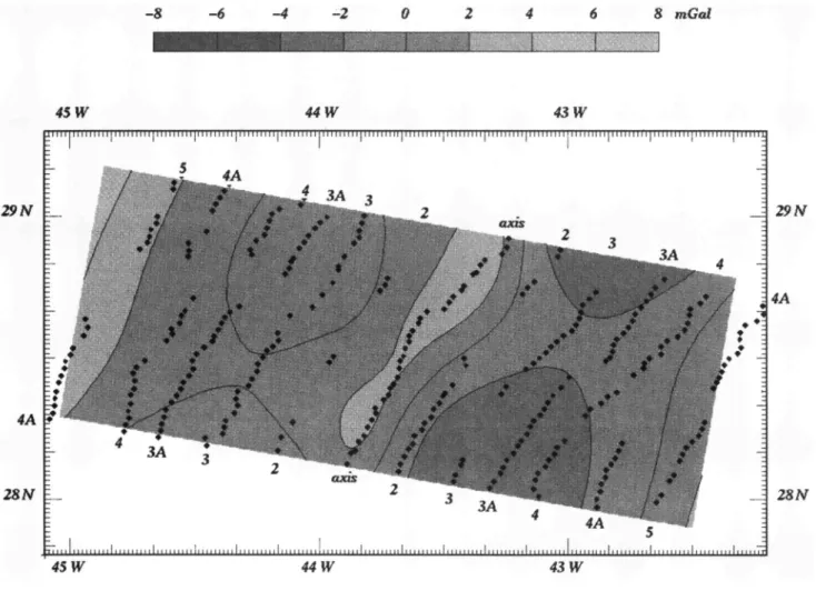 Fig. 5a. Map of difference  between  gravity effect due to model 1 (three-dimensional  method  of Kuo and  Forsyth [ 1988]) and model 2 (half-space  cooling  model of Parsons  and Sclater [ 1977])