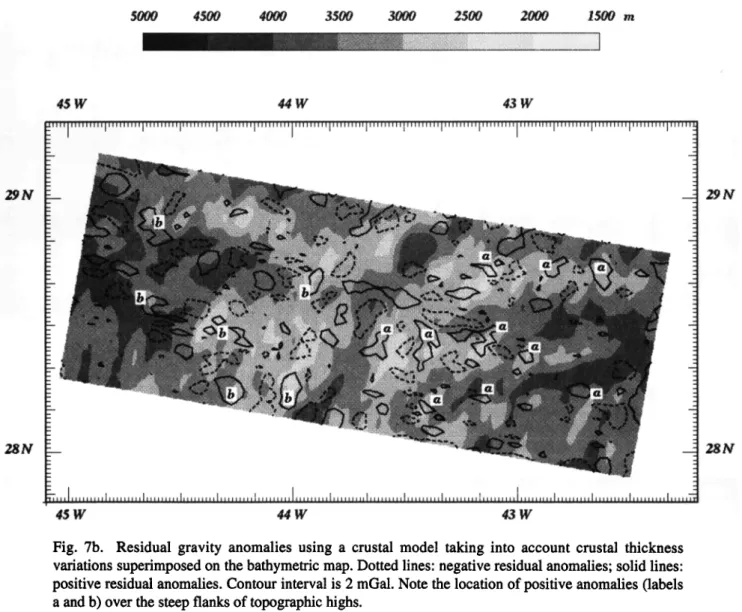 Fig.  7b.  Residual gravity anomalies using a crustal model taking into account crustal thickness  variations  superimposed  on the bathymetric  map