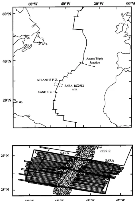 Fig. 1. General  setting  of study  area,  and  map  of track  lines  from the RC2912  (dashed  lines)  and SARA  (solid  lines) Cruises  where  bathymetry  Seabeam,  gravity  and magnetic  data  were collected