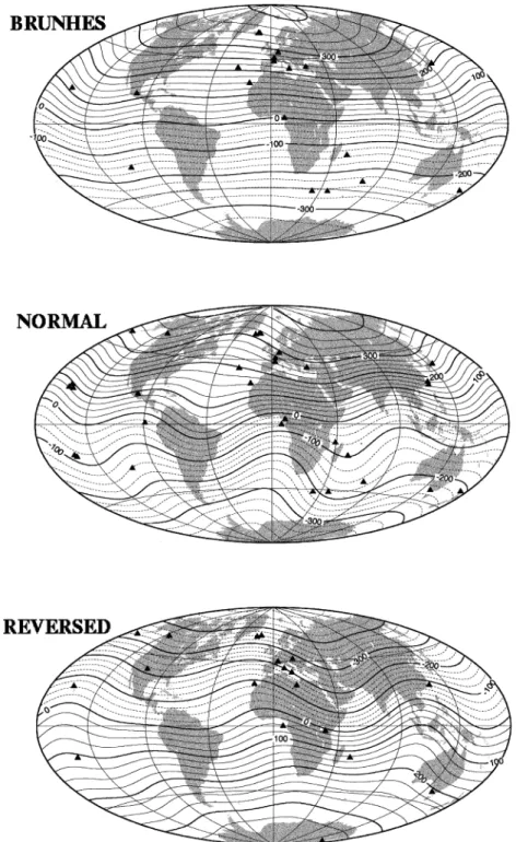 Figure 8. Average field model resulting from the inversion of the Q94-me Brunhes (B), normal (N) and reversed (R) data up to degree 4 (see Appendix)