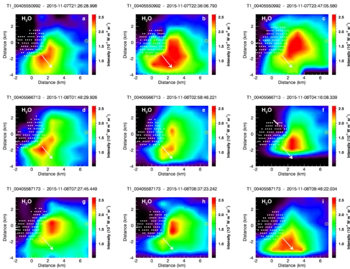 Figure 10. VIRTIS-H - H 2 O 2.7 µm band maps. Data on nucleus acquisitions are shown as white dots to outline the nucleus shape and are used in map generation