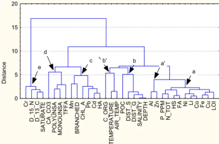 Fig. 8. Dendrogram of the analysed cases (P1–P5: samples col- col-lected at AB, P6–P13: samples colcol-lected at NR; P14–P20: samples collected at TW; P21–P30 samples collected at OT).