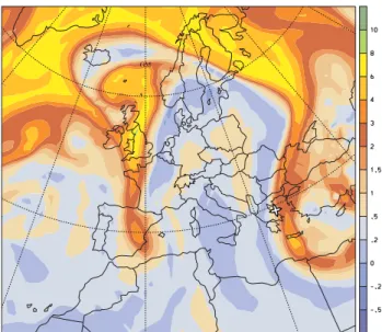 Fig. 2. The ECMWF 500-hPa geopotential height chart (black lines) over Europe on 29 November 2000 at 18:00 UT (Thessaloniki is marked by X)