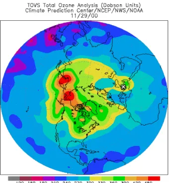 Fig. 4. The TOVS total ozone map (in DU) over Europe on 29 November 2000 at 12:00 UT (Thessaloniki is marked by X).