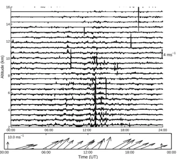 Fig. 9. The vertical velocity and low-level wind speed and direction for 1 March 2003