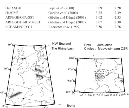 Fig. 1. Positions of selected regional grids in the regular PRUDENCE grid (0.5° longitude by 0.5° latitude).