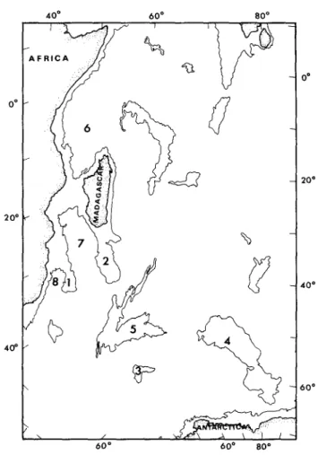 Figure  1. Main  physiographic  features  of  the  SW  Indian  Ocean  mentioned  in  the  text