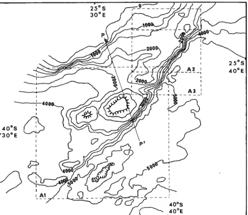 Figure  3.  DBDBS bathymetric map of  the  Mozambique Ridge between  25"  and  40"s  and 30" and 40"E, projected  using the  Lambert conical  projection