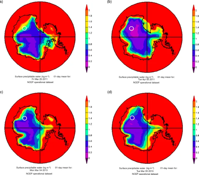 Figure 15. IWV calculated above the Antarctic continent from the NCEP/NCAR operational analyses on 25 March 2011 (a), 5 April 2011 (b), 4 March 2013 (c) and 5 March 2013 (d)