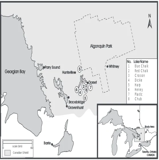 Fig. 1. Location of the study lakes, showing the Precambrian Shield boundary