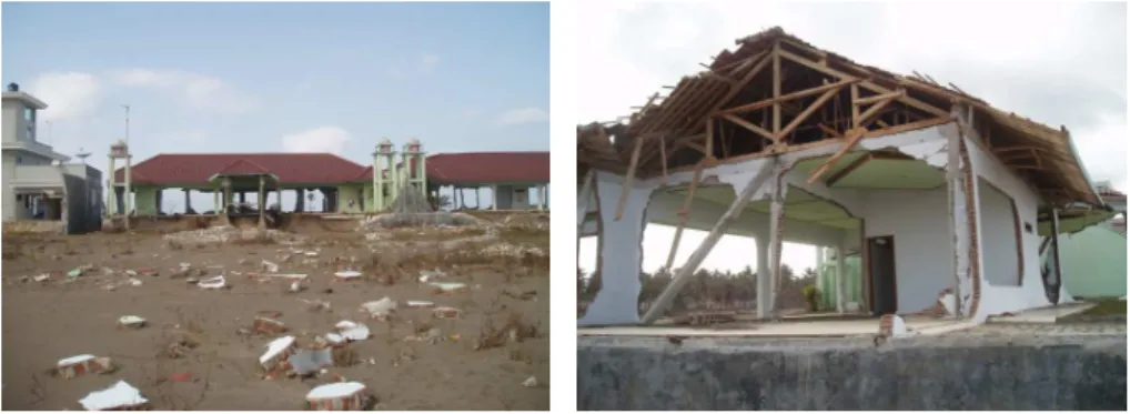 Fig. 13. Two relatively well-made apartment complexes (a) with rudimentary reinforced concrete columns (b), after inundation to a depth of 3.8 m.