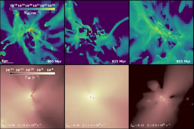 Figure 12. Time series of the main progenitor of the most massive halo in the 5 cMpc volume (binary SED) at z ≈ 6.8 − 6.4 (M vir ≈ 10 10 M  , R vir ≈ 9 kpc).