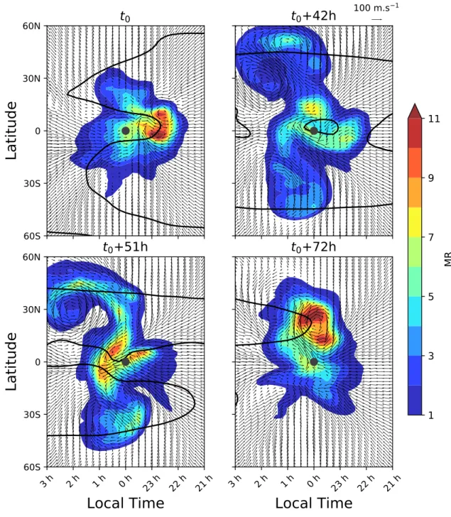 Fig. 15. 1.27 μm oxygen nightglow with wind arrows at 95 km. The black contours indicate the cloud top zonal retrograde wind at 100 m s −1 to show how the wind field is perturbed by the Kelvin wave underneath