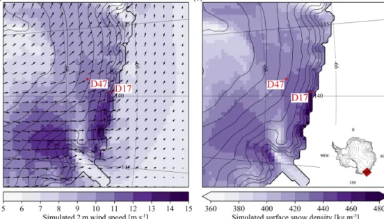 Figure 2. (a) Simulated annual mean (2004–2018) 2 m wind speed (colours) and direction (arrows) and (b) surface snow density (uppermost snowpack layer) on the model integration domain after removal of the relaxation zone (10 grid cells)