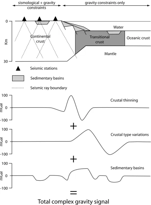 Figure 8. Scheme of the gravity edge effect at a continental passive margin. The total gravity anomaly is the sum of various effects: crustal thinning, the presence of a transitional crust, sedimentary basins