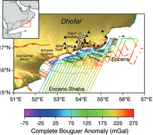 Figure 2. Complete Bouguer anomaly for the offshore part of our study region. The data are collected from two geophysical cruises: Encens-Sheba (Leroy et al