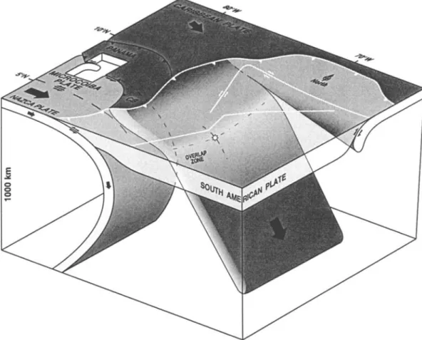 Figure 6.  Schematic  block diagram indicating  the three-dimensional  geometry  and kinematics  of the oceanic  subductions  beneath  the northern  Andes