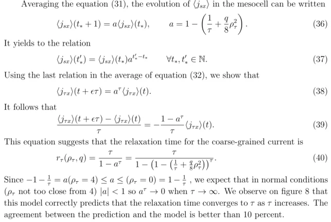 Figure 8. Relaxation time r τ divided by τ for our simulation with various values of τ (represented with stars) compared to our model (40) (represented with full lines).