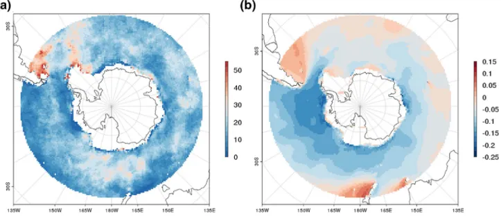 Figure 2.  (a) Probability of occurrence (color code indicates percentage) of dominant wind sea state (C p /U 10  < 1.2) from model run (A) (b) Mean difference of  SWH between run A and run D during the period from April 26 to June 1, 2019