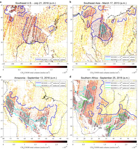 Figure 1. Regional CH 3 COOH total column enhancements derived from individual days of IASI/Metop–A and –B observations (a.m