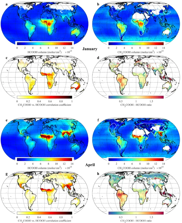 Figure 2. (a–b) Means (on a 0.5 ◦ × 0.5 ◦ grid) of the HCOOH and CH 3 COOH total columns from the 2007–2018 IASI/Metop–A observations over January