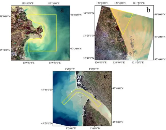 Fig. 2. Maps of the three test sites produced based on L8/OLI satellite data (top of the  atmosphere quasi-true color images): (a) the Yellow River Estuary (YRE, 27 October 2015),  (b) the Subei Shallow Bank (SSB, 8 March 2017) and (c) the Gironde Estuary 