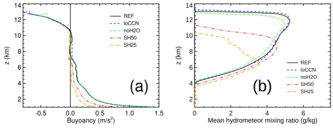 Fig. 5. Vertical profiles of (a) mean buoyancy b and (b) mean hydrometeor content in the pyroCb’s updraft region.