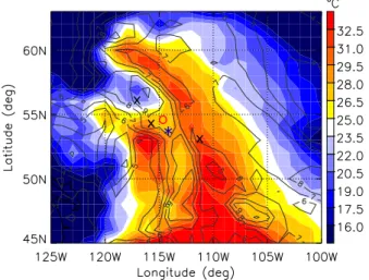 Fig. 1. Surface fields of potential temperature (color shading) and specific humidity (contour lines) from ECMWF operational  reanal-ysis for southwestern Canada