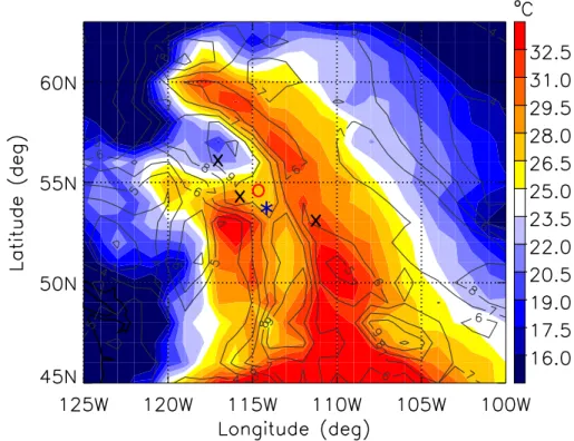 Fig. 1. Surface fields of potential temperature (color shading) and specific humidity (contour lines) from ECMWF operational reanalysis for southwestern Canada