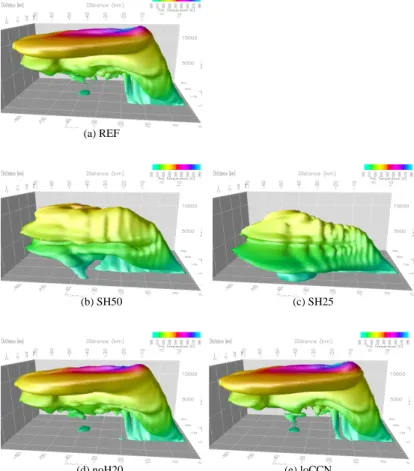 Fig. 3. 100 µg m −3 iso-surface of aerosol concentration after 40 min integration time for (a) the reference simulation, (b) the sensitivity studies SH50, (c) SH25, (d) noH2O, and (e) loCCN