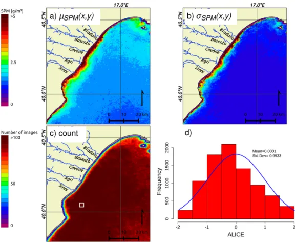 Figure 5. December 2003-2015 RST-based interannual reference fields for BRCW: (a)  μ SPM (x, y); (b)  σ SPM (x, y); (c) number of images used for each pixel to compute μ SPM (x, y) and σ SPM (x, y); (d) histogram  of ALICE (Equation (5)) values computed fo