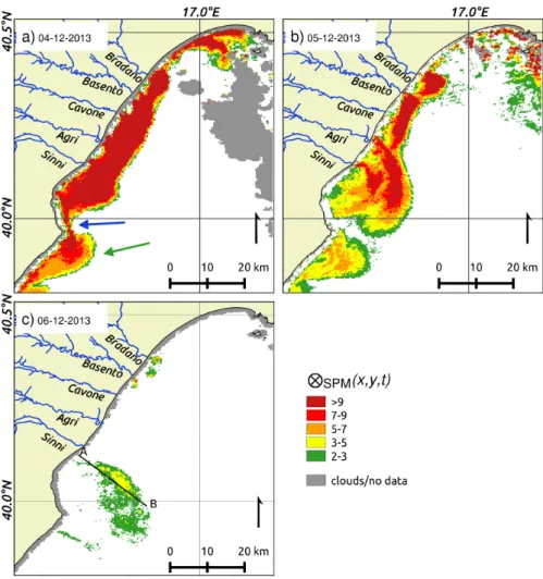 Figure 8. ⊗ SPM (x, y, t) maps obtained applying the RST approach for the MODIS-Aqua images  acquired on: (a) 4; (b) 5 and (c) 6 December 2013