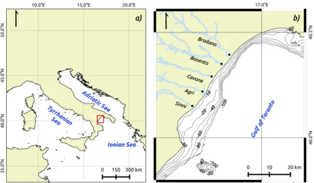 Figure 1. (a) Study area localization (red box) in the Mediterranean Sea; (b) magnification of the  Basilicata Region Coastal Waters (BRCW) within the red box of (a), with the main rivers of the region  and the bathymetry from 10 to 100 m
