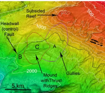 Fig. 3. 3-D image of the Amphitheatre, including seismic cutaway of slump C, viewed from the northeast