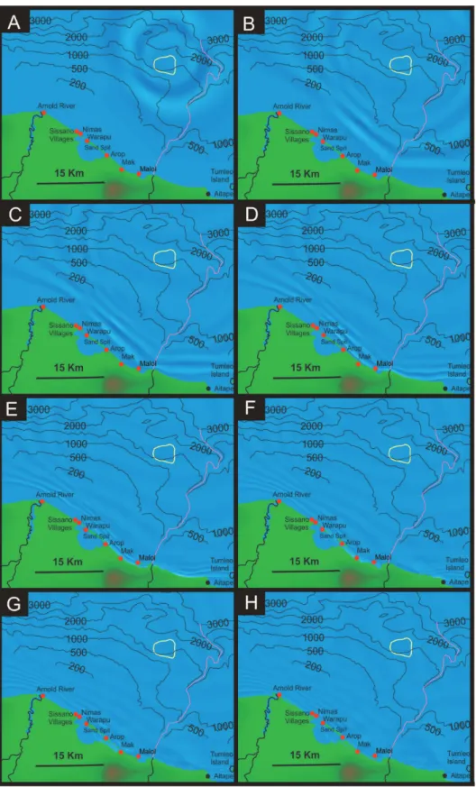 Fig. 5. Eight snapshots of tsunami propagation and inundation using FUNWAVE, a uniform 100×100 m grid spacing, and the latest slump source