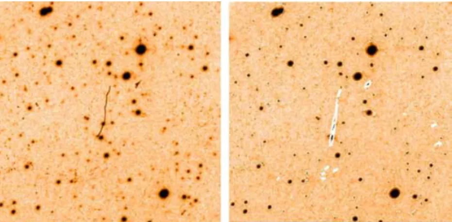 Figure 9. 5 × 5 arcmin extracts of SuperCOSMOS H α data from SHS survey field h273 highlighting contaminating spurious images together with a matching image with the IAM data overlaid and with all the spurious images in the frame highlighted.