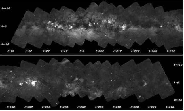 Figure 1. All 233 survey fields mosaiced together by M. Read. Top panel covers galactic longitude l = 40–310 degrees, bottom panel l = 300–210 degrees.