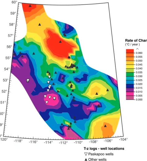 Fig. 2. Rate of temperature change for the 1920–1990 A.D. calculated from 51 temperature logs in Alberta and S