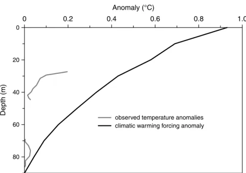 Fig. 9. Comparison of T −z anomaly (transient) based on modelled SAT-POM for Calgary SAT station with one based on T −z logs in near by Airdrie well (Paskapoo Fm).