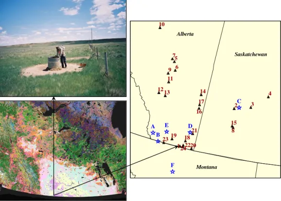 Fig. 1. Twenty-four repeated well temperature logs locations, typical well site setting and the remote sensing map of the Canadian Prairies (lighter colours show Prairie grasslands and farmland)