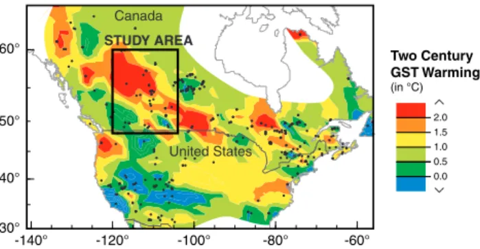 Fig. 1. The location of the study area (within Western Cana- Cana-dian Sedimentary basin in Alberta and Saskatchewan) is shown against the map of latest warming/cooling amplitude within the last 200 years from well temperature data location of which is sho