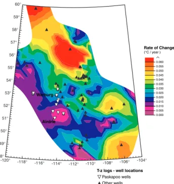 Fig. 3. Temperature logs in Paskapoo Fm area in Alberta. Logs done in 1992 are marked by numbers with mark, such as 1 0 ;2 0 