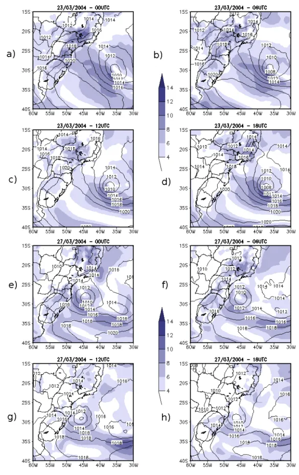 Fig. 2. SLP fields (hPa, solid lines) and V10m (in ms − 1 , shading) from Eta reanalyses on: (a) 03/23/2004 at 00:00 UTC, (b) 03/23/2004 at 06:00 UTC, (c) 03/23/2004 at 12:00 UTC, (d) 03/23/2004 at 18:00 UTC, (e) 03/27/2004 at 00:00 UTC, (f) 03/27/2004 at 