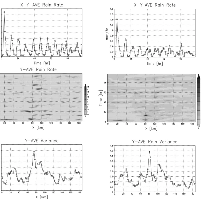 Fig. 12. Rain rate for convection with a barrier of 500 m at 90 km along the x direction