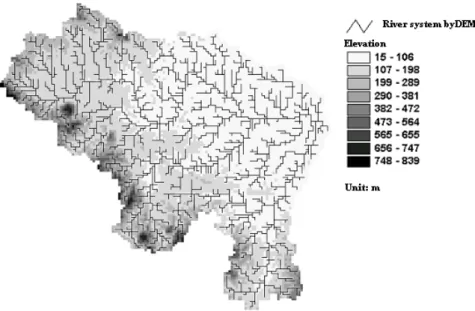 Fig. 4. DEM map and derived river network of the Upper Xixian catchment