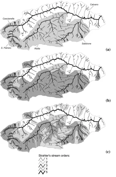 Fig. 4. Different patterns of the Calvano watershed subdivision: